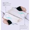 A white memory foam contour neck pillow is shown being used by a person, illustrating low and high pillow area options.