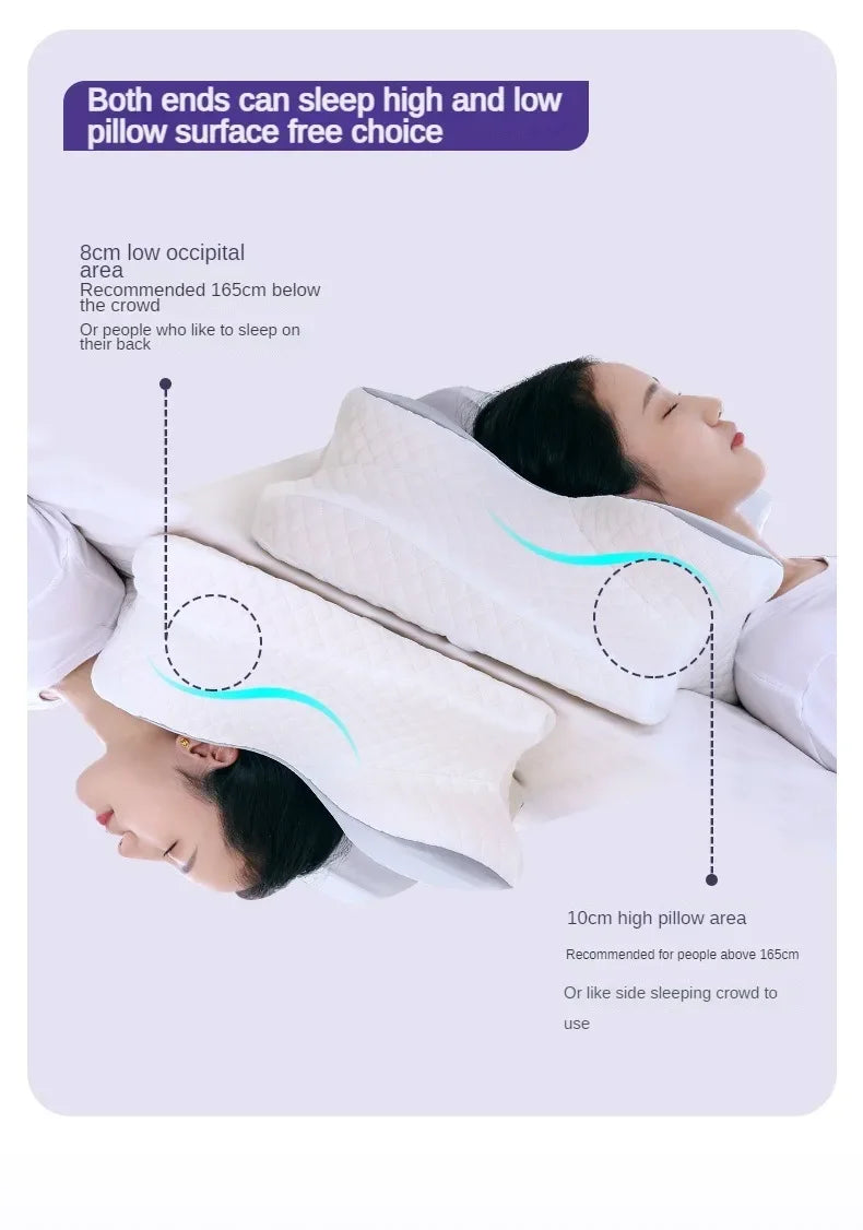 A white memory foam contour neck pillow is shown being used by a person, illustrating low and high pillow area options.