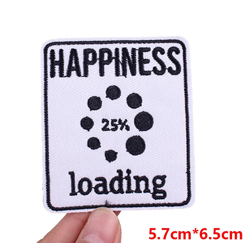 A white embroidered patch with the word HAPPINESS, a 25% loading icon, and the word loading on it.