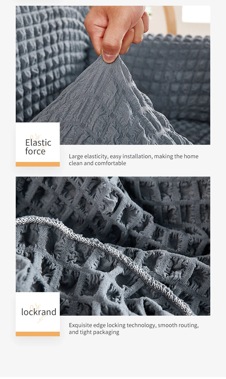 Close-up of a gray stretch knit sofa cover showing elastic force and lockrand edge technology.