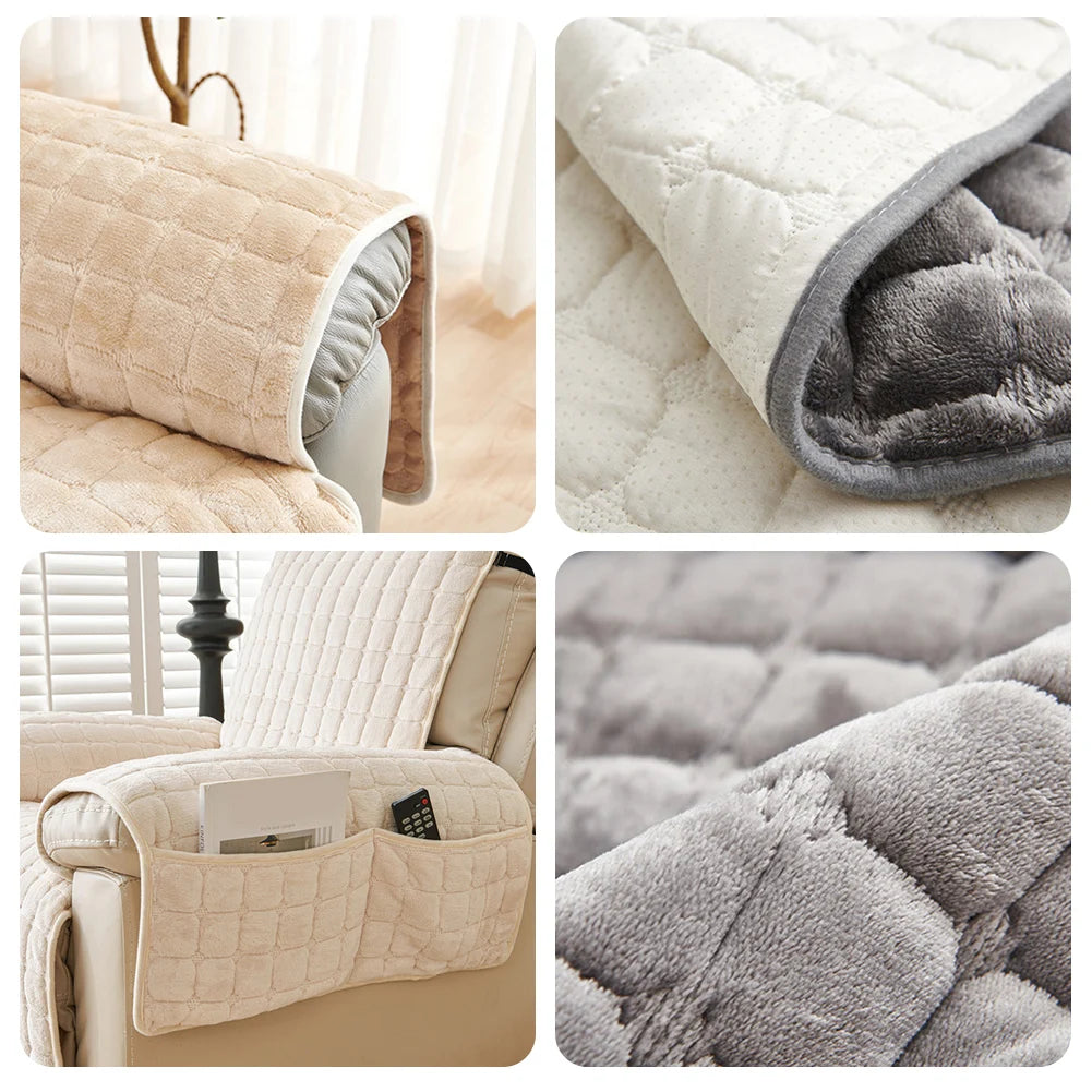 Close-up views of a beige quilted stretch recliner cover with storage pockets in various shades of gray and beige.