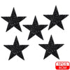 Five black glitter star shaped iron-on patches for clothing