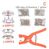 A set of 100 buttons and pliers for fastener installation, including various sizes of snaps.