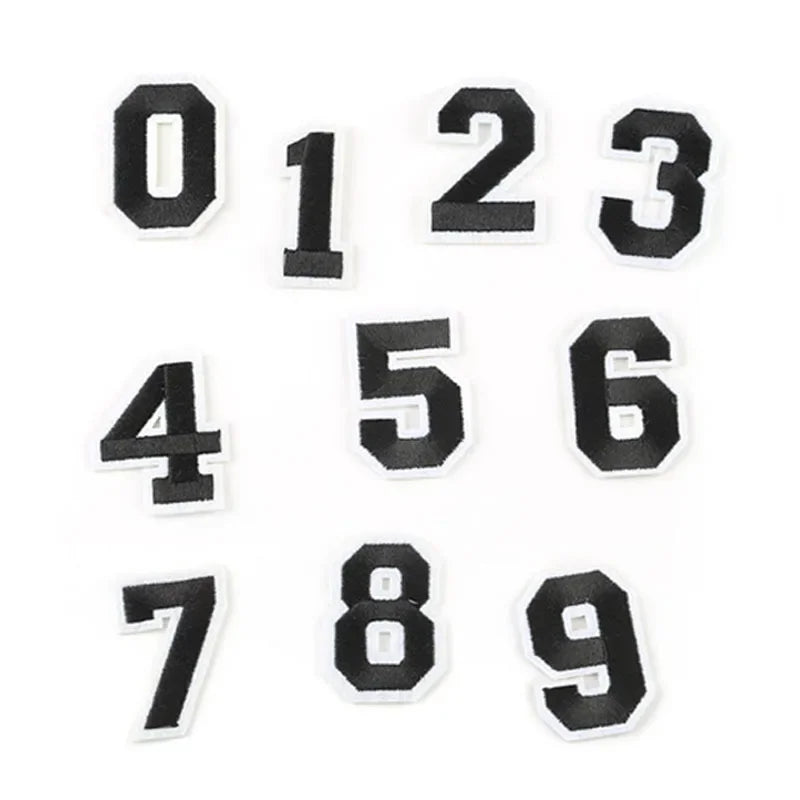A set of customizable number patches in black and white for apparel.