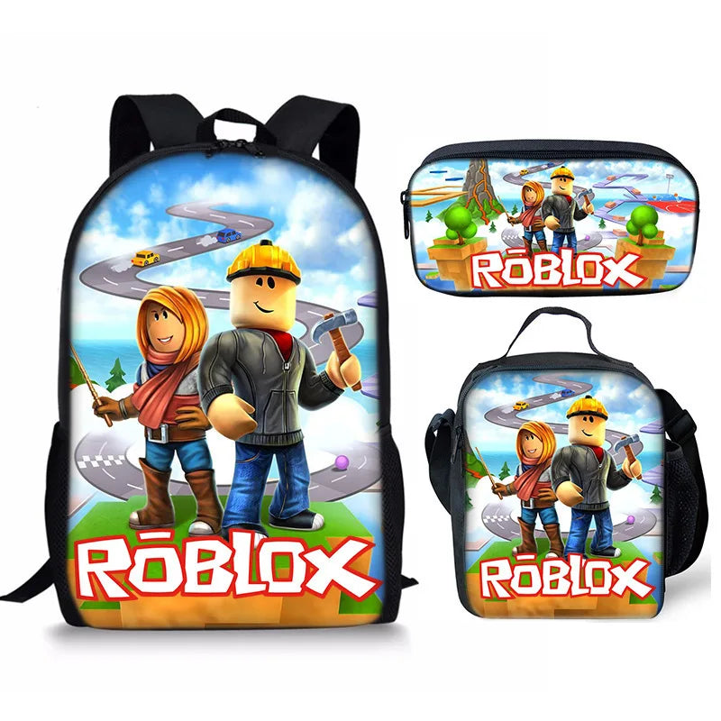 A backpack and a pouch featuring Roblox characters and branding.