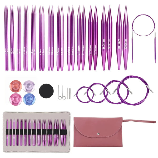 A set of 13 interchangeable aluminum knitting needles in various shades of purple and pink, displayed with a matching storage