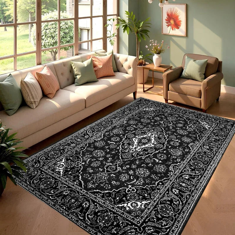 A black and white cowhide print area rug placed in a bright living room with a light sofa and potted plants.
