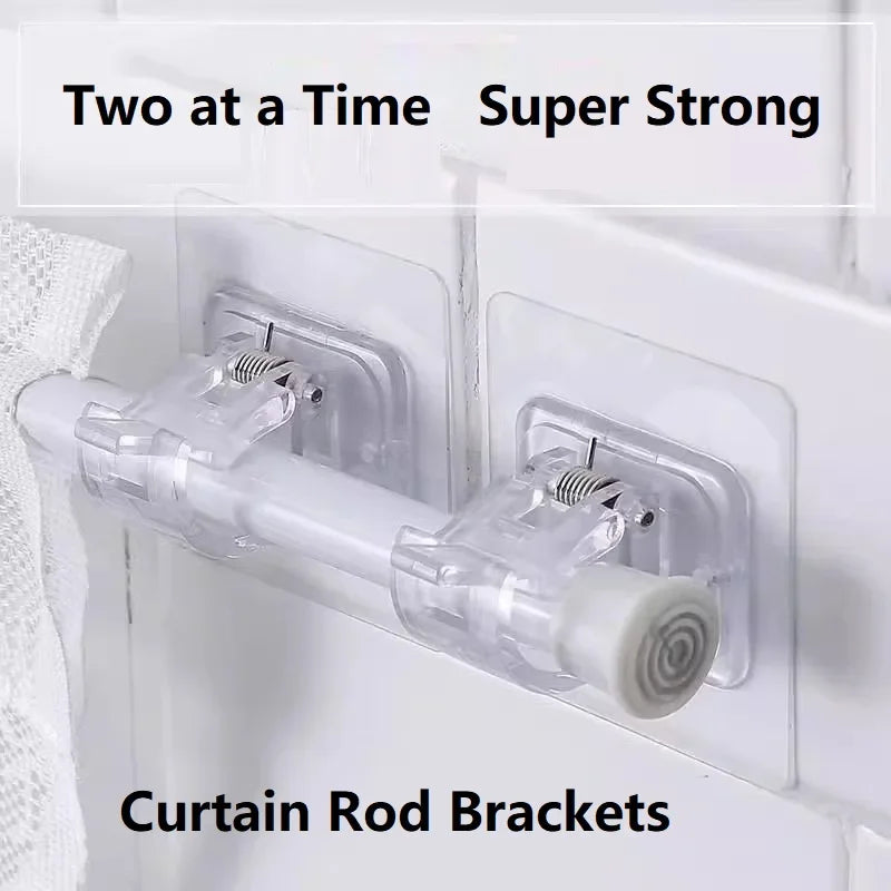 Clear plastic curtain rod brackets designed to hold two rods at a time for strong support.