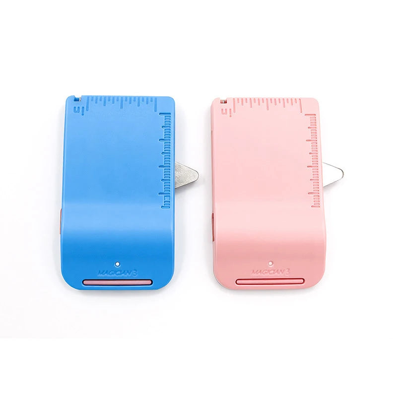 A blue and pink magnetic seam guide with a stitch gauge for sewing.