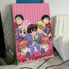 A vertical poster featuring seven anime characters in purple and pink tones against a floral background.