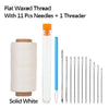 Solid white flat waxed thread with 11 needles and 1 threader tool.