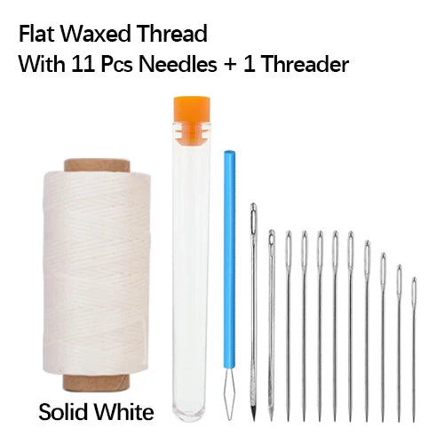 Solid white flat waxed thread with 11 needles and 1 threader tool.