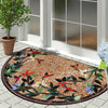 Semi-circular mosaic floor mat with a vintage floral print featuring dark green leaves and colorful flowers