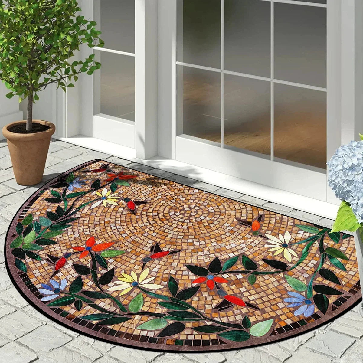 Semi-circular mosaic floor mat with a vintage floral print featuring dark green leaves and colorful flowers