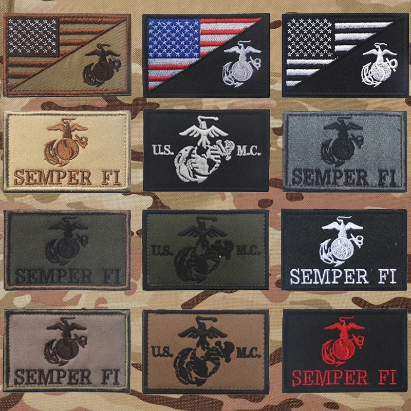 A collection of embroidered patches featuring the Seal Team Trident insignia and the text SEMPER FI