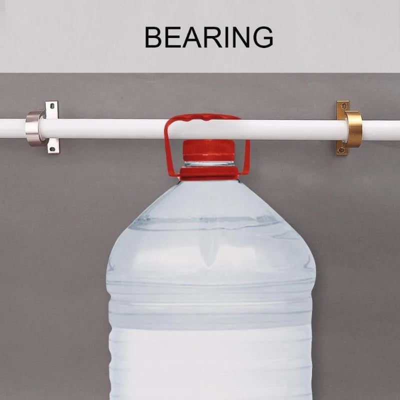 A clear plastic bottle is suspended from a white curtain rod using multi-style mounting brackets.