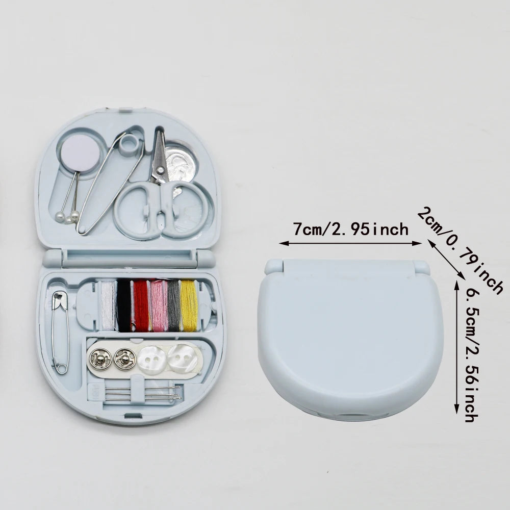 A portable DIY sewing box containing various sewing tools and colored threads.