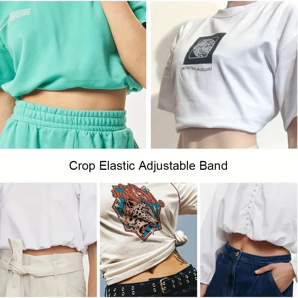 A close-up of a light green crop elastic adjustable band worn around the waist, used to adjust the fit of a top.