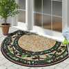 Semi-circular mosaic floor mat with vintage floral print featuring various shades of green, brown, and gold tiles.