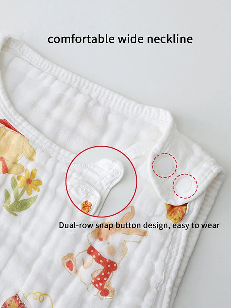 White baby sleeping bag with a wide neckline and dual-row snap button design featuring a rabbit print.