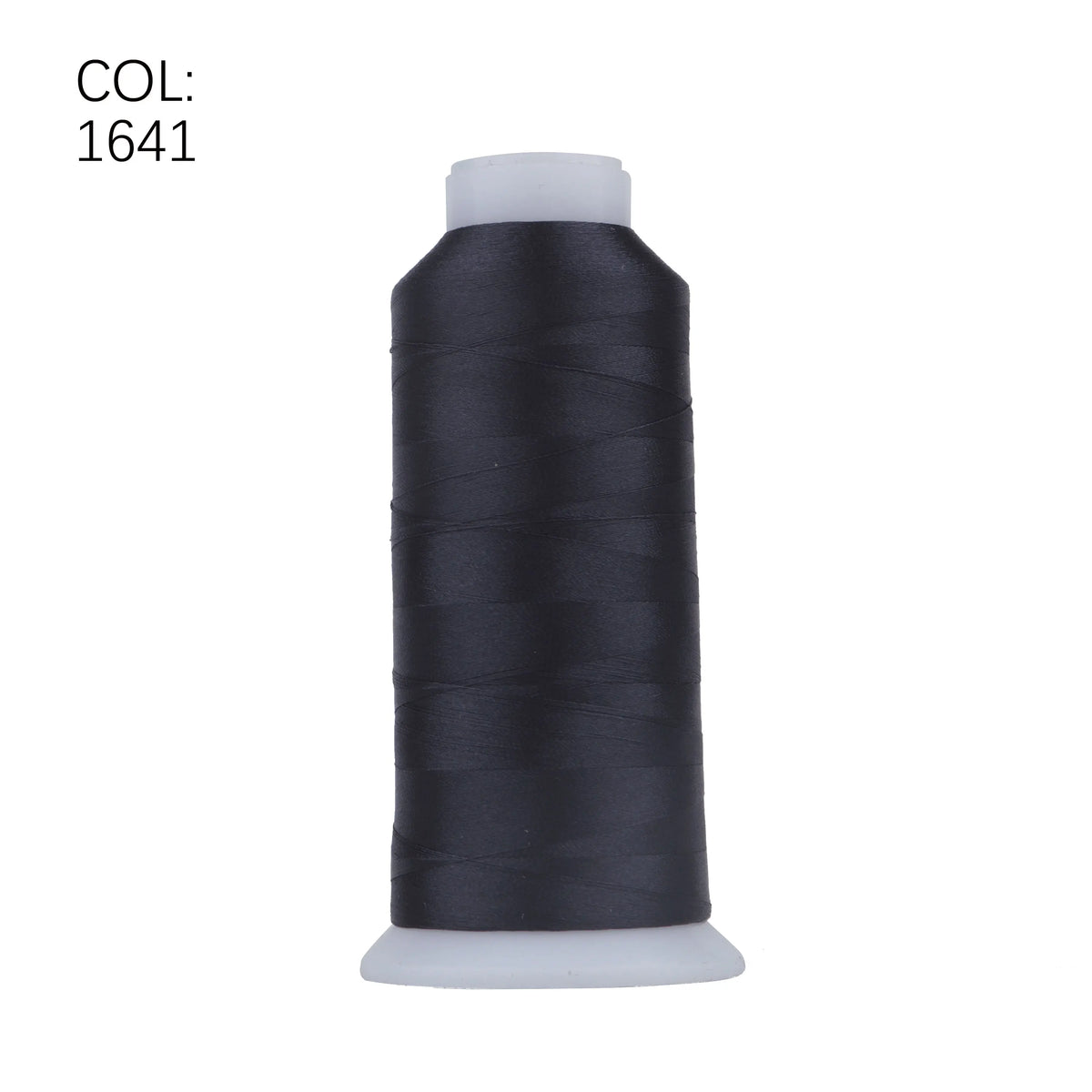 A spool of black high tenacity machine embroidery thread labeled COL: 1641