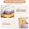 Two-in-one sheet organizer and mattress lifter used to elevate a mattress on a wooden surface.