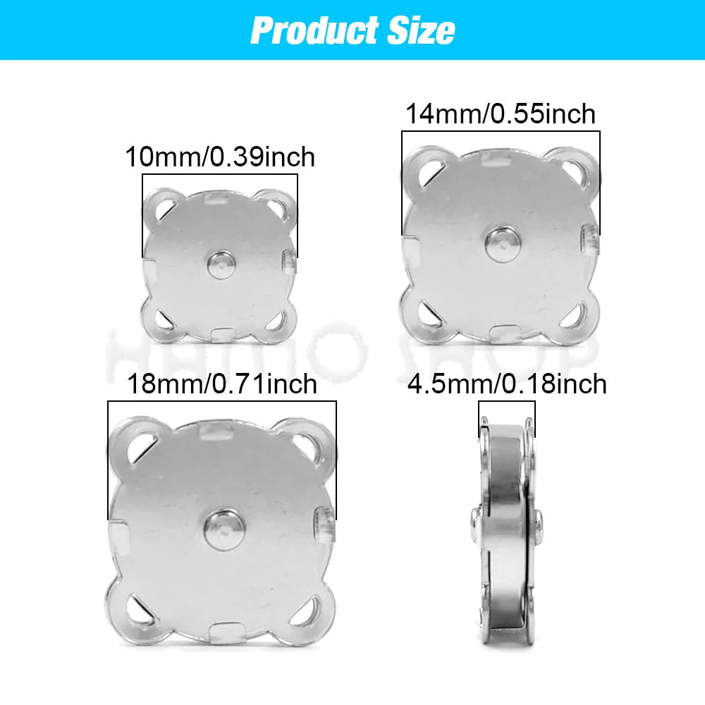 Various sizes of metal magnetic snap buttons for sewing, including 10mm, 14mm, and 18mm options.