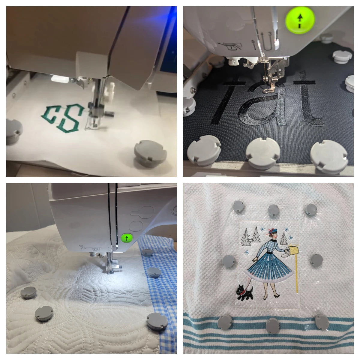 A set of four magnetic embroidery hoops used for sewing machines, shown in various angles and contexts.