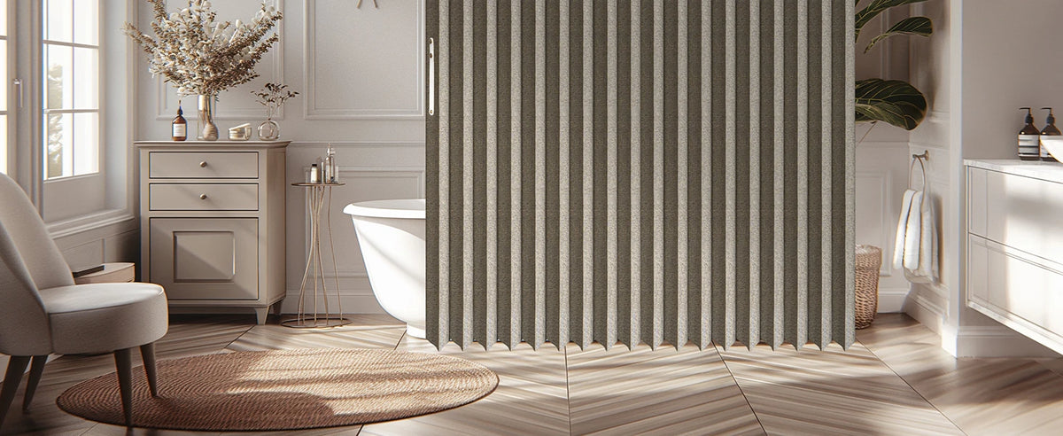 A vertical pleated curtain in beige and gray stripes hangs in a bathroom or closet setting.