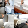 A multi-angle use bed sheet folding and organizing tool is shown being used to fold a white bed sheet.