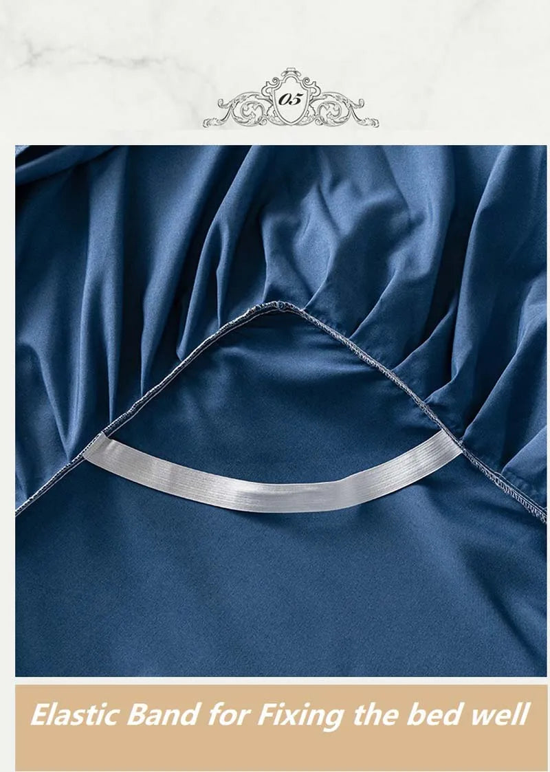 A close-up of a navy blue fabric with a silver elastic band used for fixing the bed well.