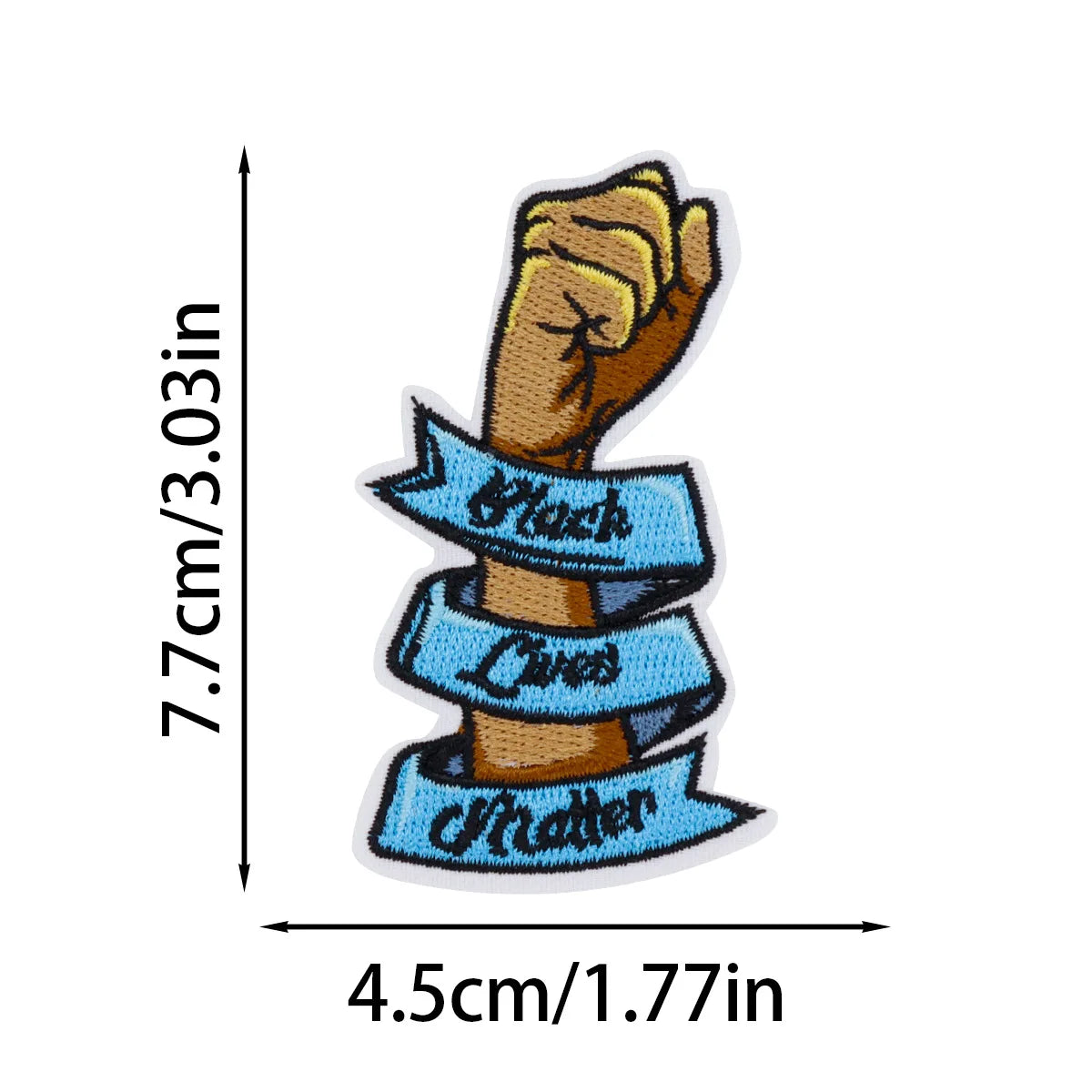 An embroidered patch depicting a muscular arm wrapped in blue ribbons with the text Black Lives Matter