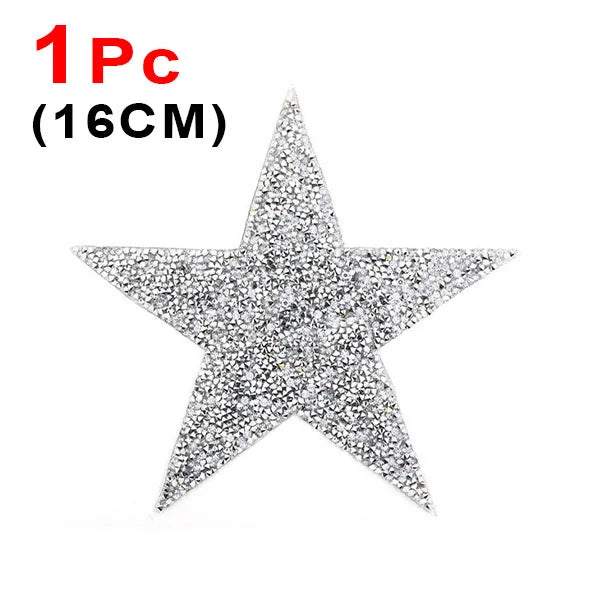 One piece of silver glitter rhinestone iron-on star patch measuring 16cm.