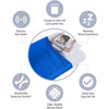 A blue sensory bed sheet is shown being used for a relaxing sleep experience, highlighting its breathable fabric and easy set