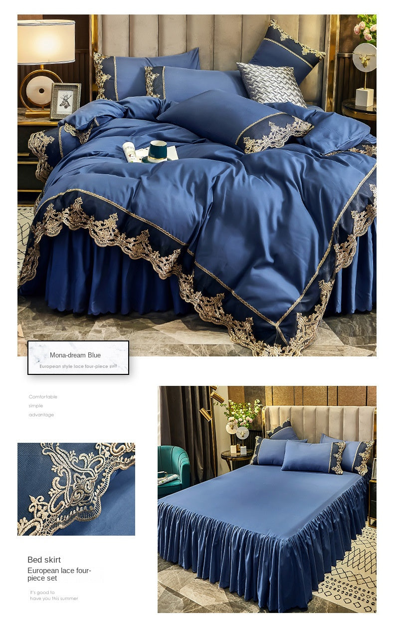 A royal blue bed skirt set featuring elegant lace edging and luxurious fabric in a bedroom setting.