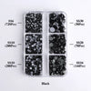 A clear plastic tray containing various sizes of black glass rhinestones categorized by SS6, SS10, SS10, SS30, SS20, and SS16