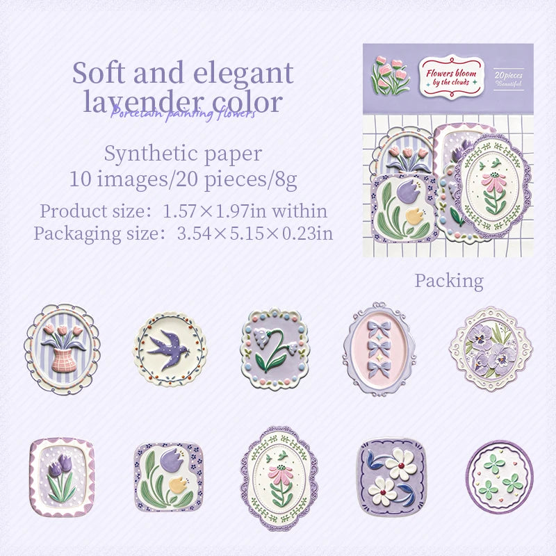 A collection of soft lavender colored synthetic paper images featuring various botanical flowers for crafting and journaling.