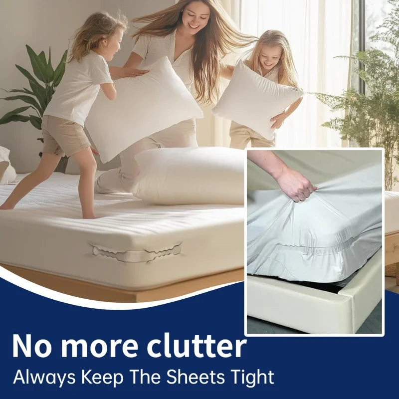 A woman is shown using heavy duty bed corner sheet grippers to keep sheets tight on a mattress.