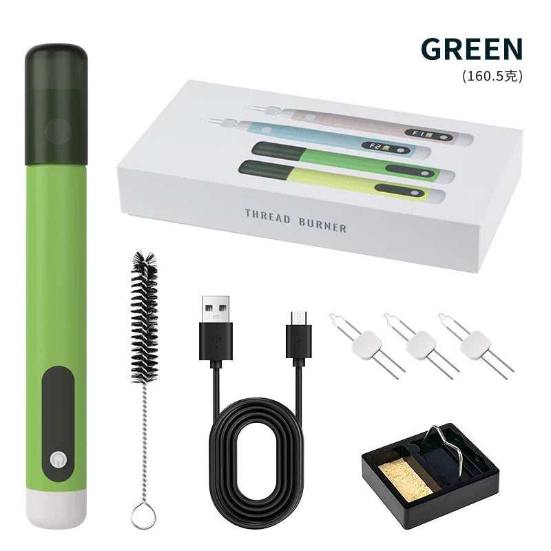 A green thread burner kit including a pen, heating elements, and soldering wires for jewelry and crafting.