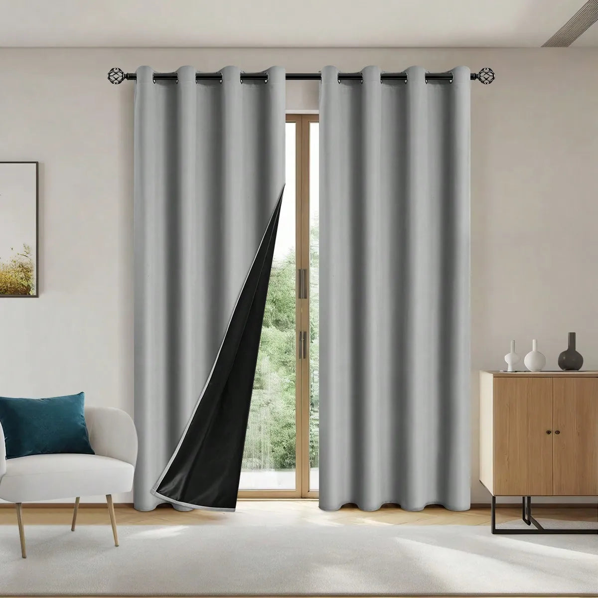 Gray blackout privacy curtains hanging in a doorway