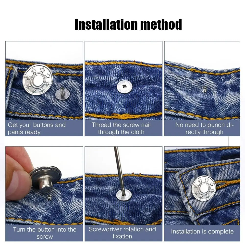 Installation method showing how to use a metal button repair kit on denim jeans.