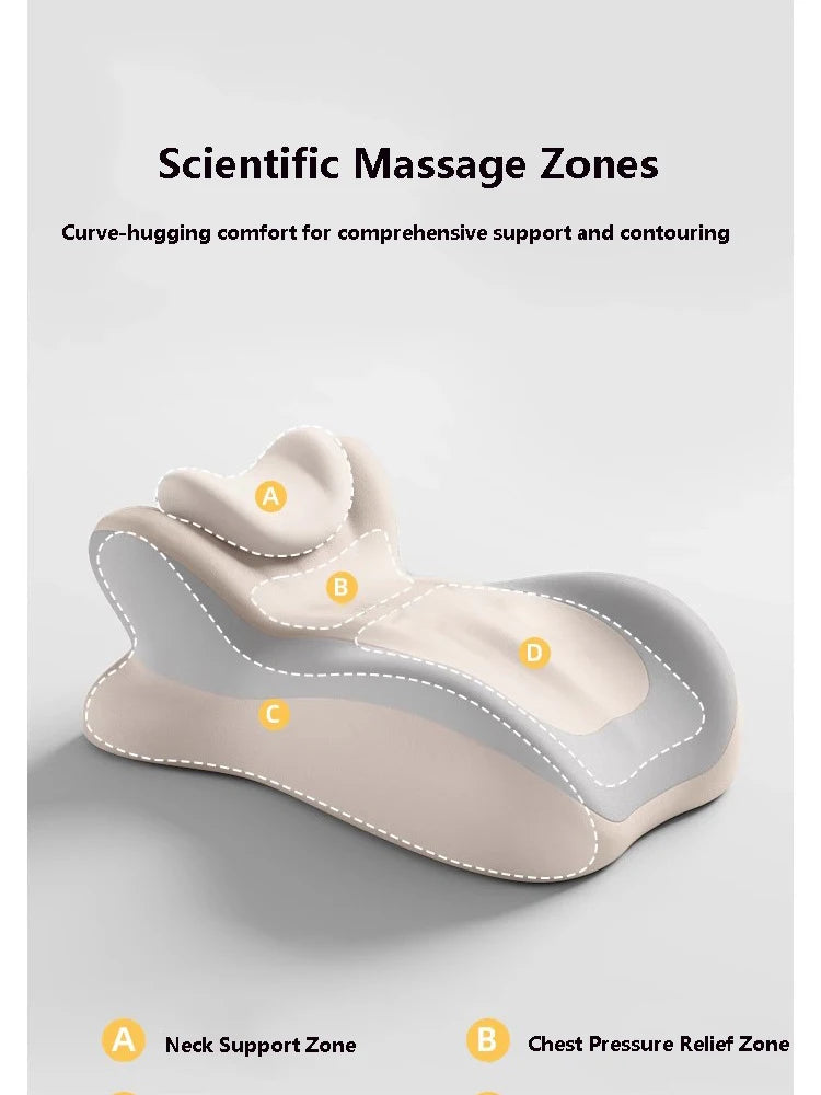 A beige ergonomic memory foam wedge pillow showing different massage zones for neck, chest, and contouring support.