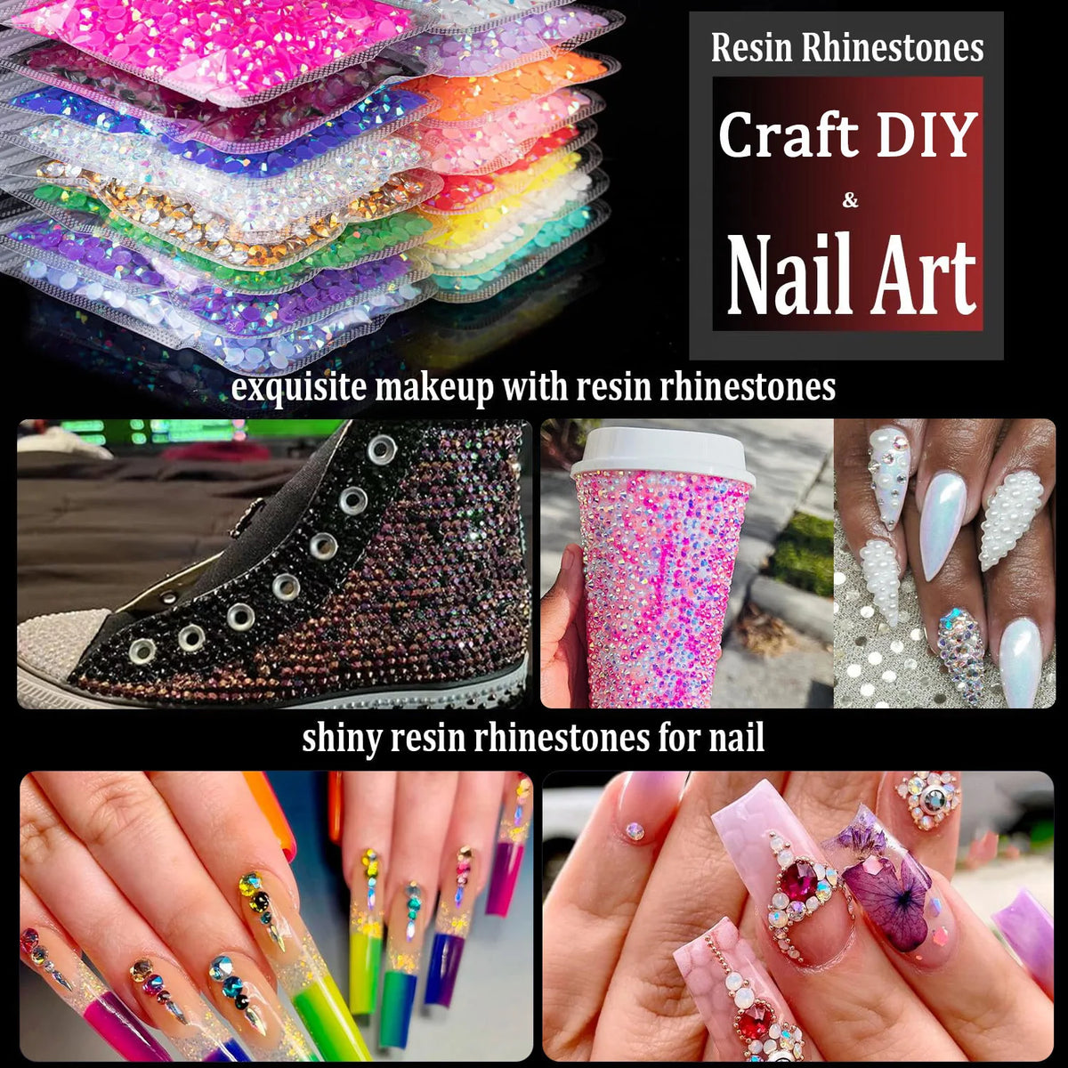 A collection of orange-red resin rhinestones for craft DIY and nail art displayed on various surfaces.