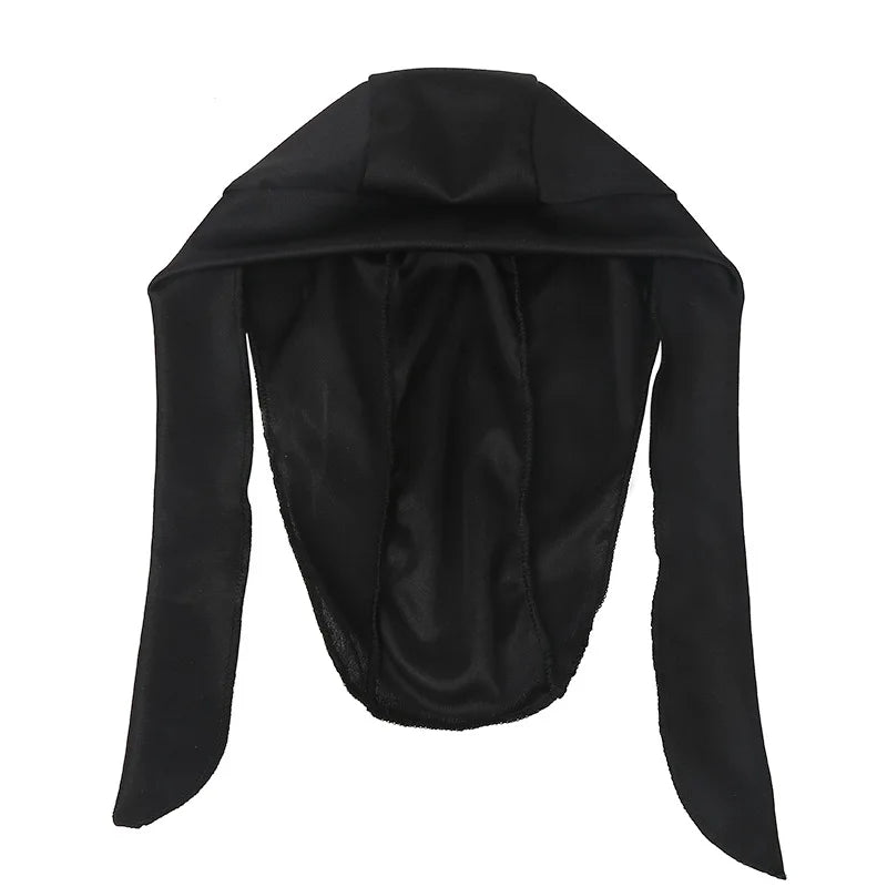 Black breathable and adjustable unisex headwrap with a smooth, draped fabric.