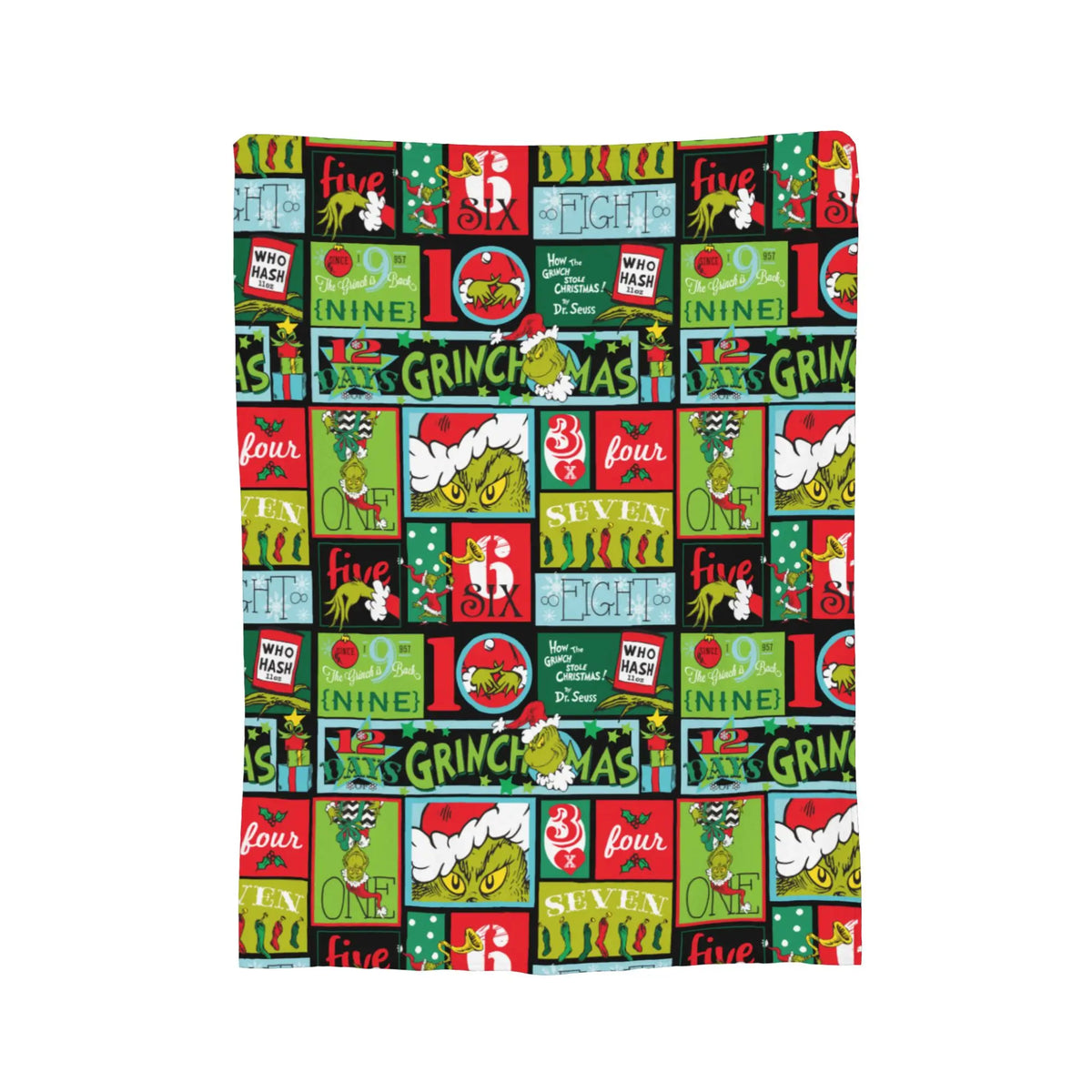 A colorful patchwork blanket featuring various text and imagery related to numbers and words like five, nine, four, three, an