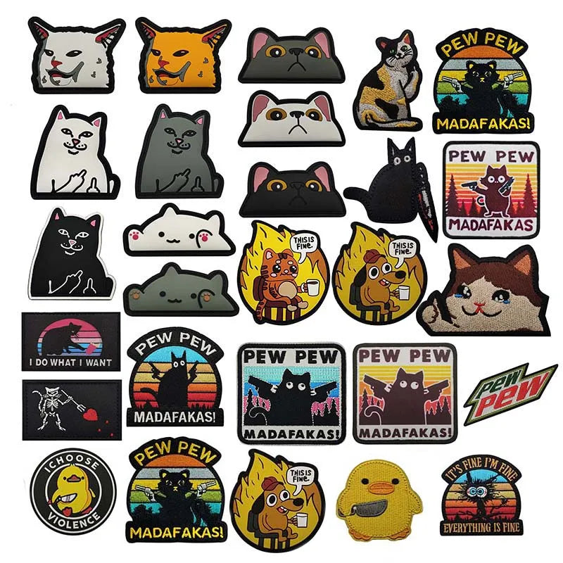 A collection of embroidered tactical patches featuring various animal memes and funny characters.