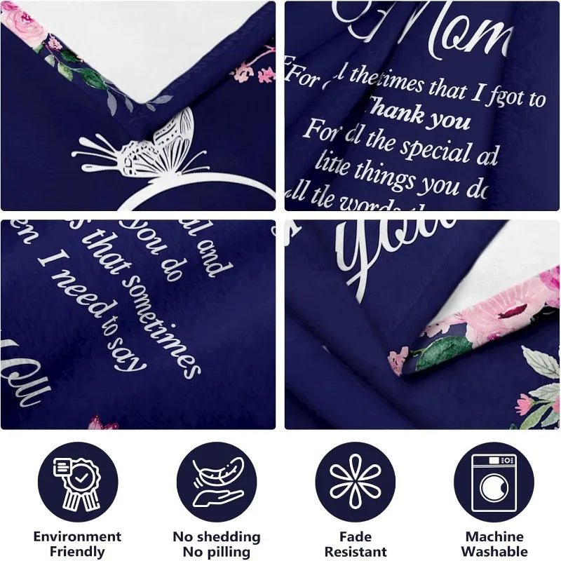 Navy soft printed throw blanket featuring floral patterns and care instructions.