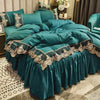 A teal velvet bed skirt set featuring intricate gold lace edging and gathered fabric.