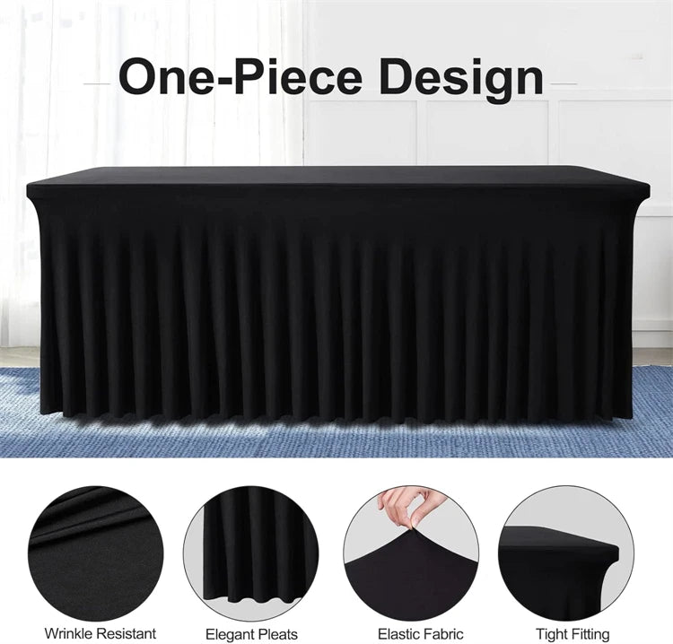 Black one-piece design tablecloth featuring elegant pleats and a tight fit on a rectangular table.