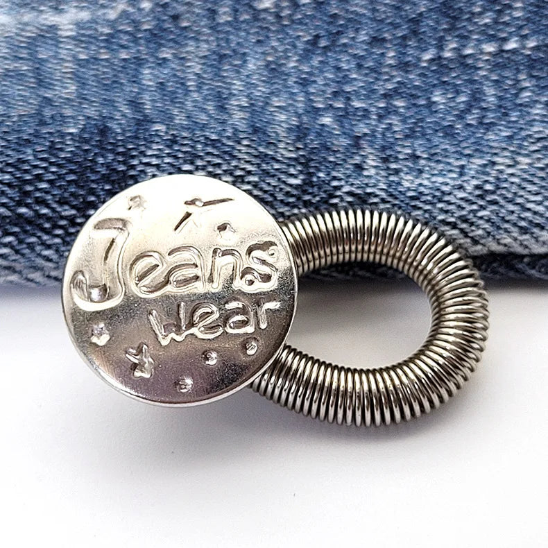 Silver spring extender buttons for jeans featuring the 'Jeans Wear' logo against a denim background.